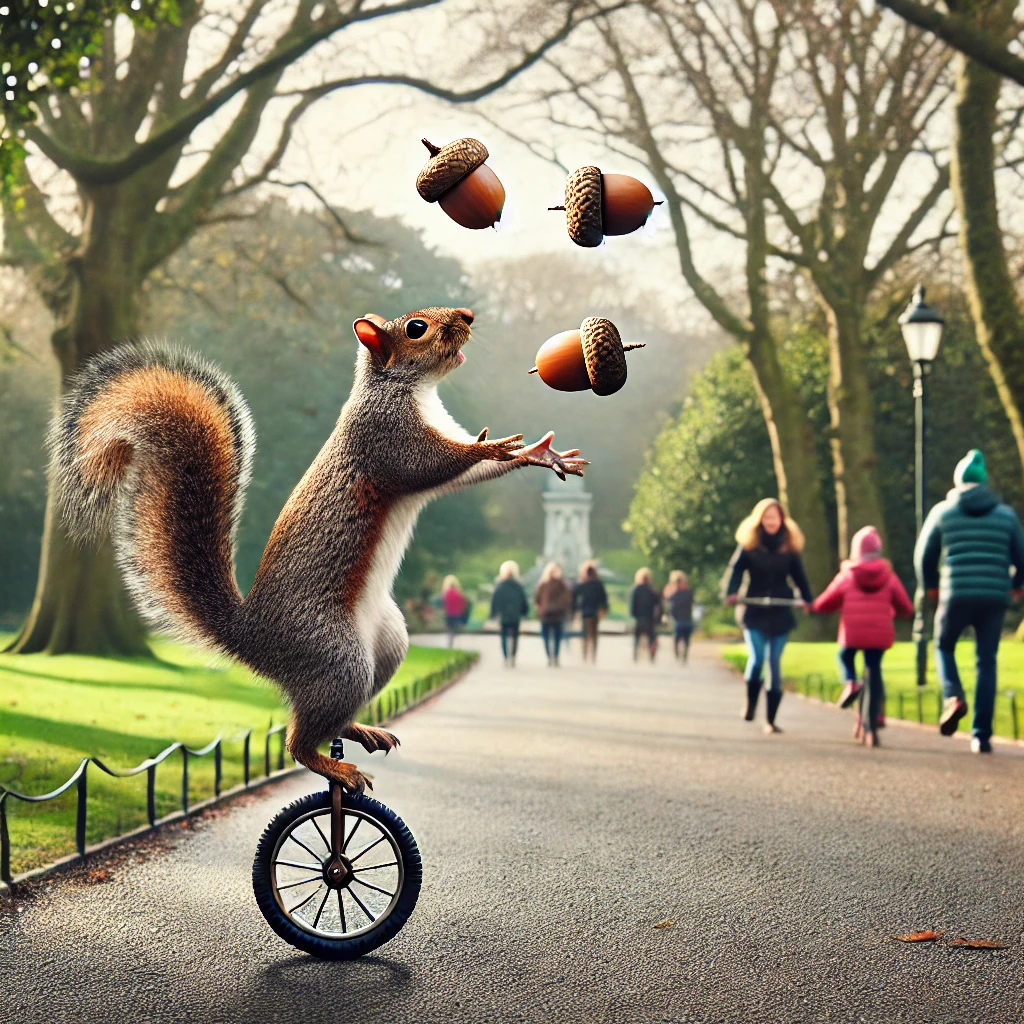While on a walk in the park, you come across a peculiar scene. A squirrel is balancing on a unicycle while juggling thre