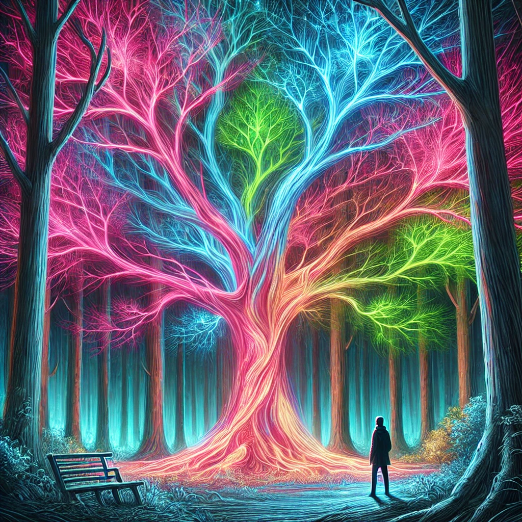 While walking in the forest, you come across a large tree whose branches are glowing in different neon colors. Call a bo