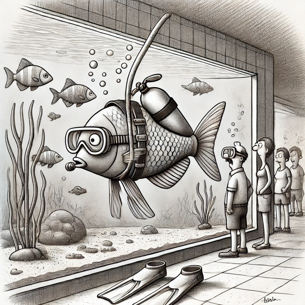 You are visiting an aquarium and see a fish swimming around wearing a tiny scuba diving suit. Call a friend to explain t