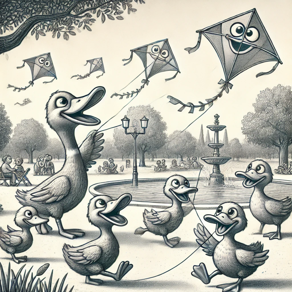 You are at a park and notice a group of ducks flying kites instead of swimming in the pond. Call your sibling and descri