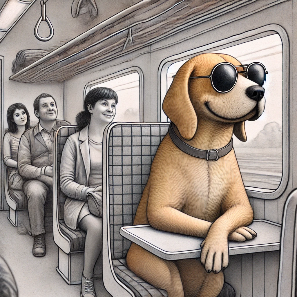 You are on a train and notice a dog sitting at a window seat, looking out the window with a pair of sunglasses on. Call 