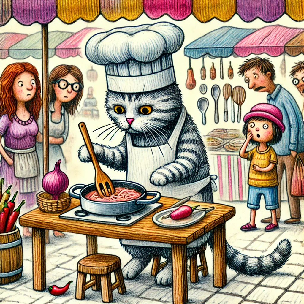 You are shopping in a local market when you notice a cat sitting at a food stall, wearing a chef’s hat and apron, seemin