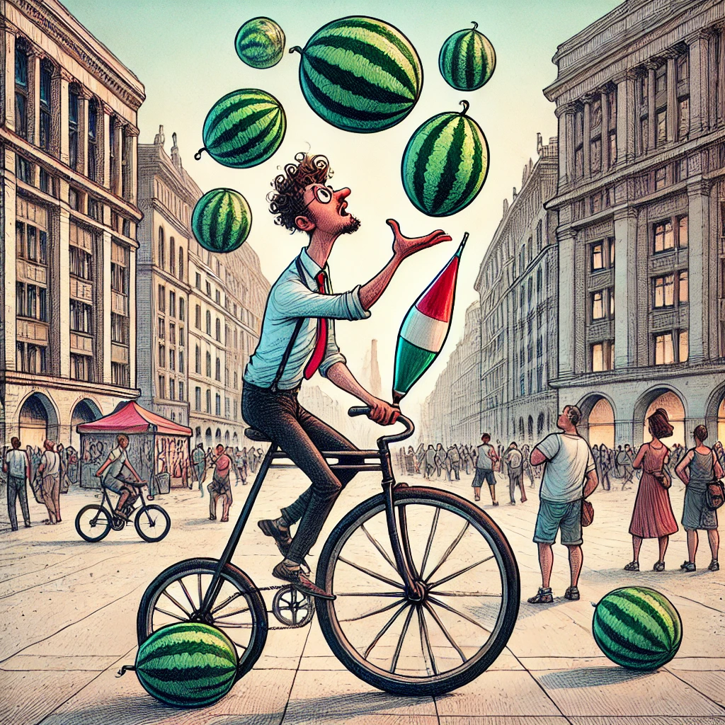 You are in a city plaza when you notice a street performer juggling five watermelons while riding a bicycle. Call your c