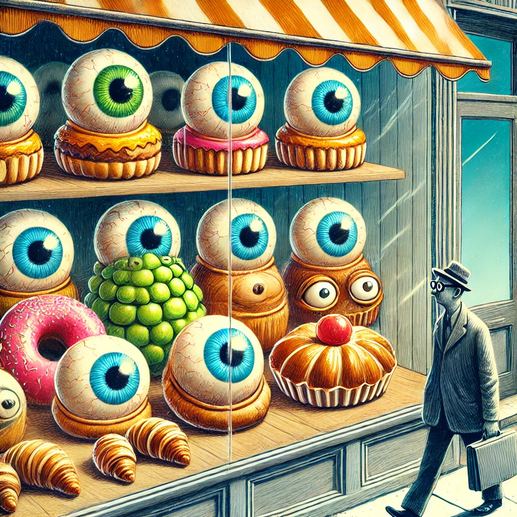 You are walking past a bakery when you notice the pastries on display have eyes and are watching passersby. Call your si